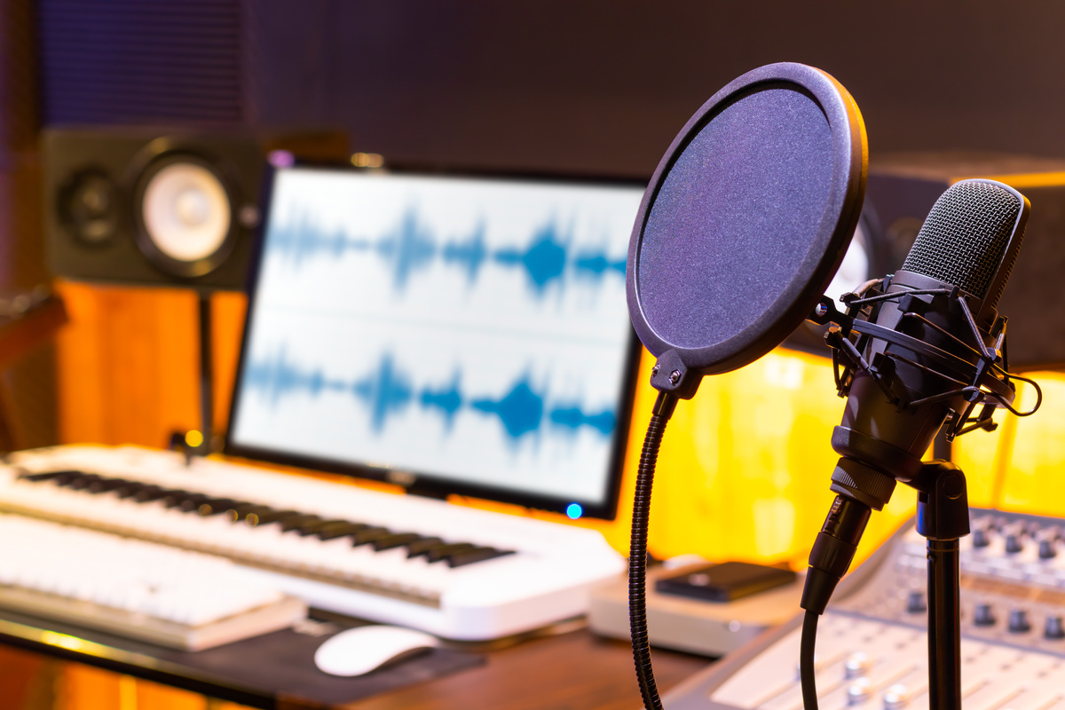 microphone in recording, broadcasting, editing studio